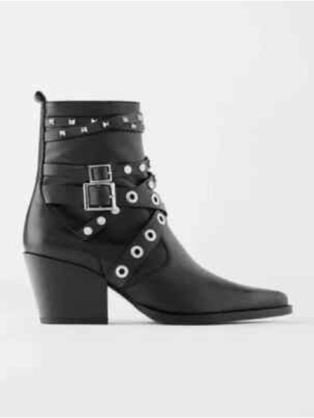 Zara Black Leather Studded Ankle Boots with Buckle Straps Size 8.5 (39)